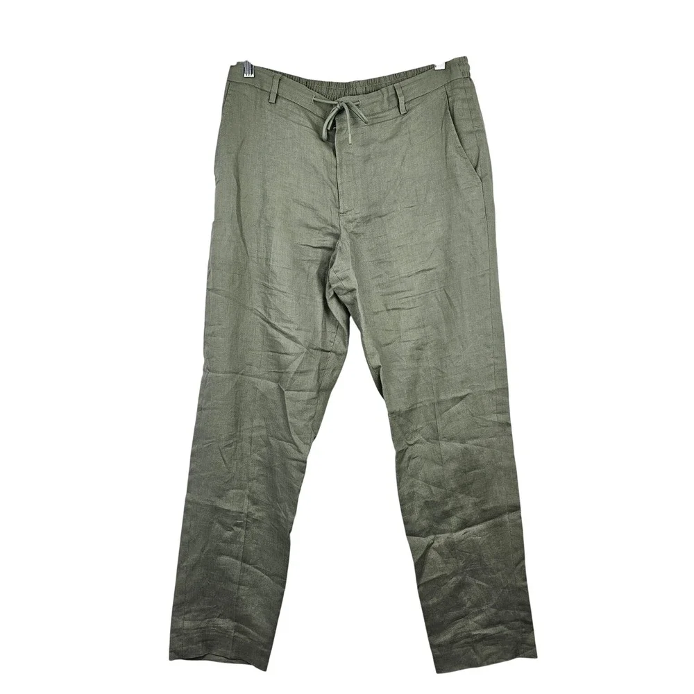 Zara Sage Green Linen Blend Drawstring Elastic Waist‎ Straight Leg Pants
